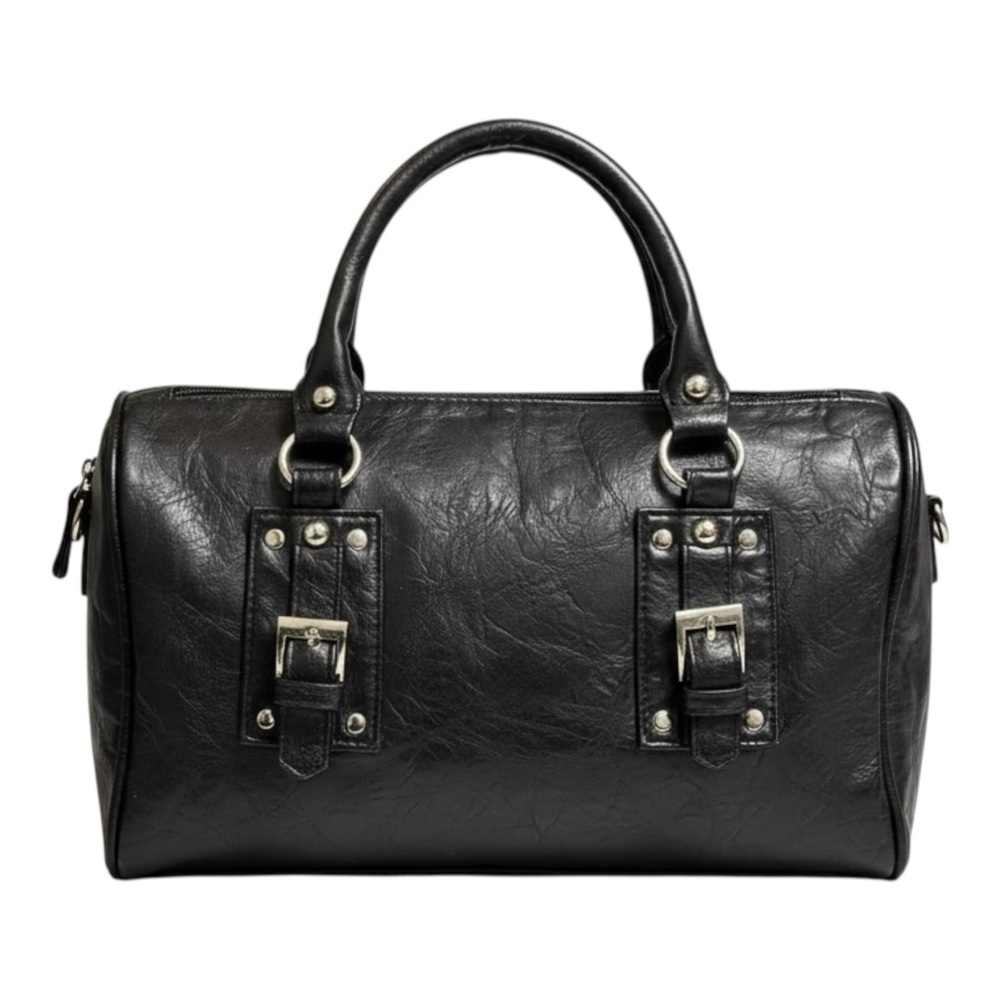 Black Leather Satchel Handbag Silver Buckles Medium Size Faux Leather